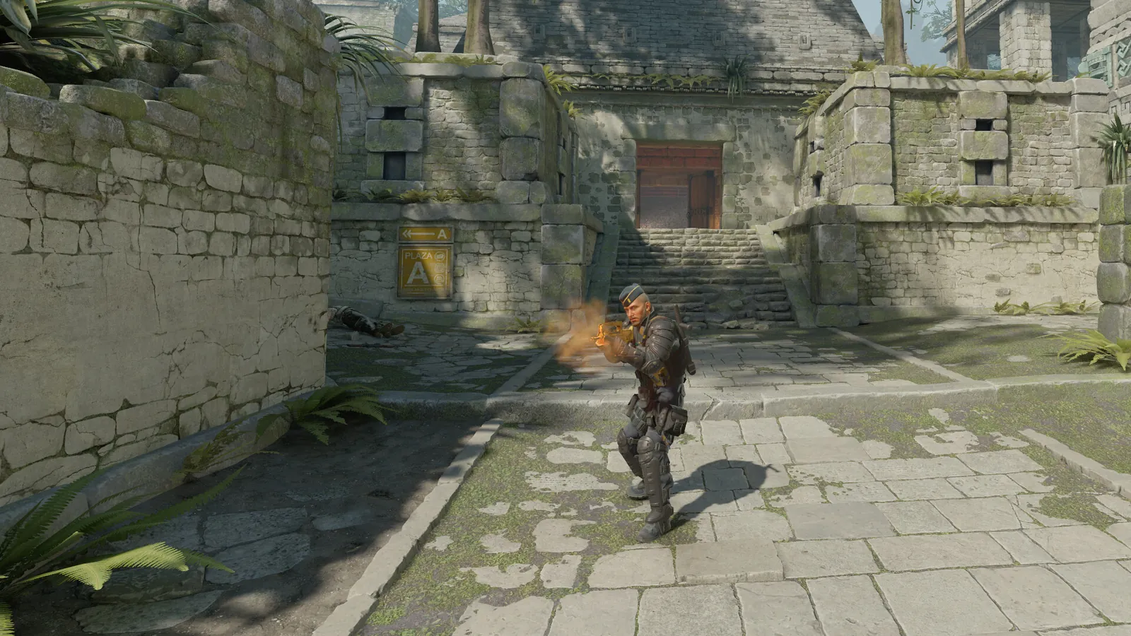 Counter-Strike 2 gameplay in a stone courtyard during a match.