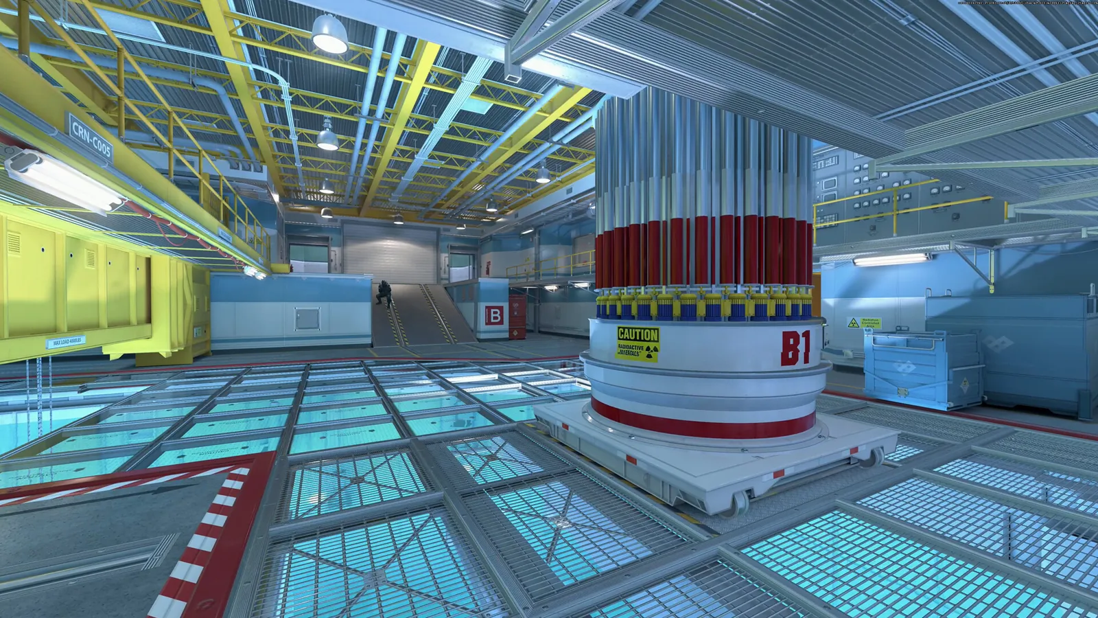 Counter-Strike 2 gameplay inside a blue-lit industrial map.